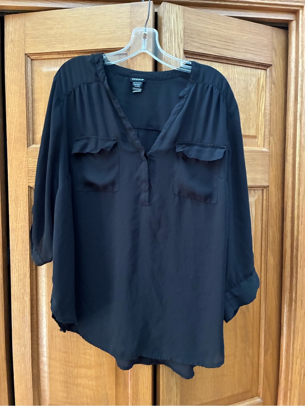 torrid Black Split V-Neck Pullover Blouse with Chest Pockets